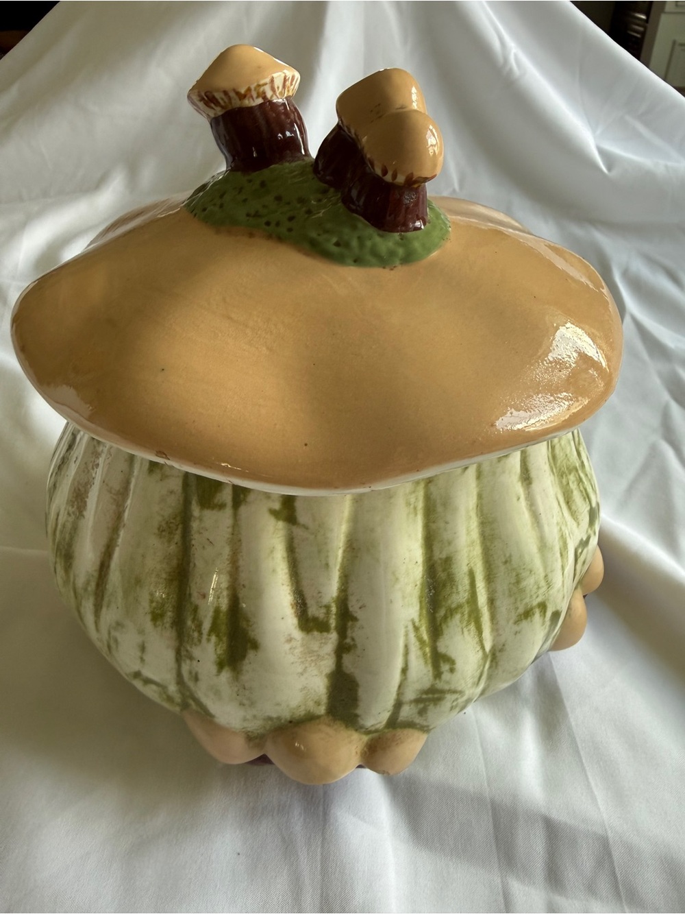 Vintage 1970’s Ceramic Mushroom Cookie Jar - Beige and Green